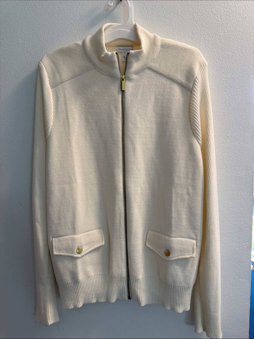 Charter Club Ivory Zip Front Knit Jacket with Gold Hardware